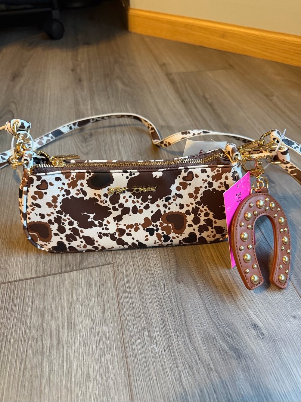 Betsey Johnson Brown and White Cowprint Mini Shoulder Bag with Studded Charm
